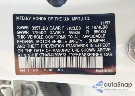 2018 Honda Civic Sport из США, поврежденный, VIN SHHFK7H43JU208573